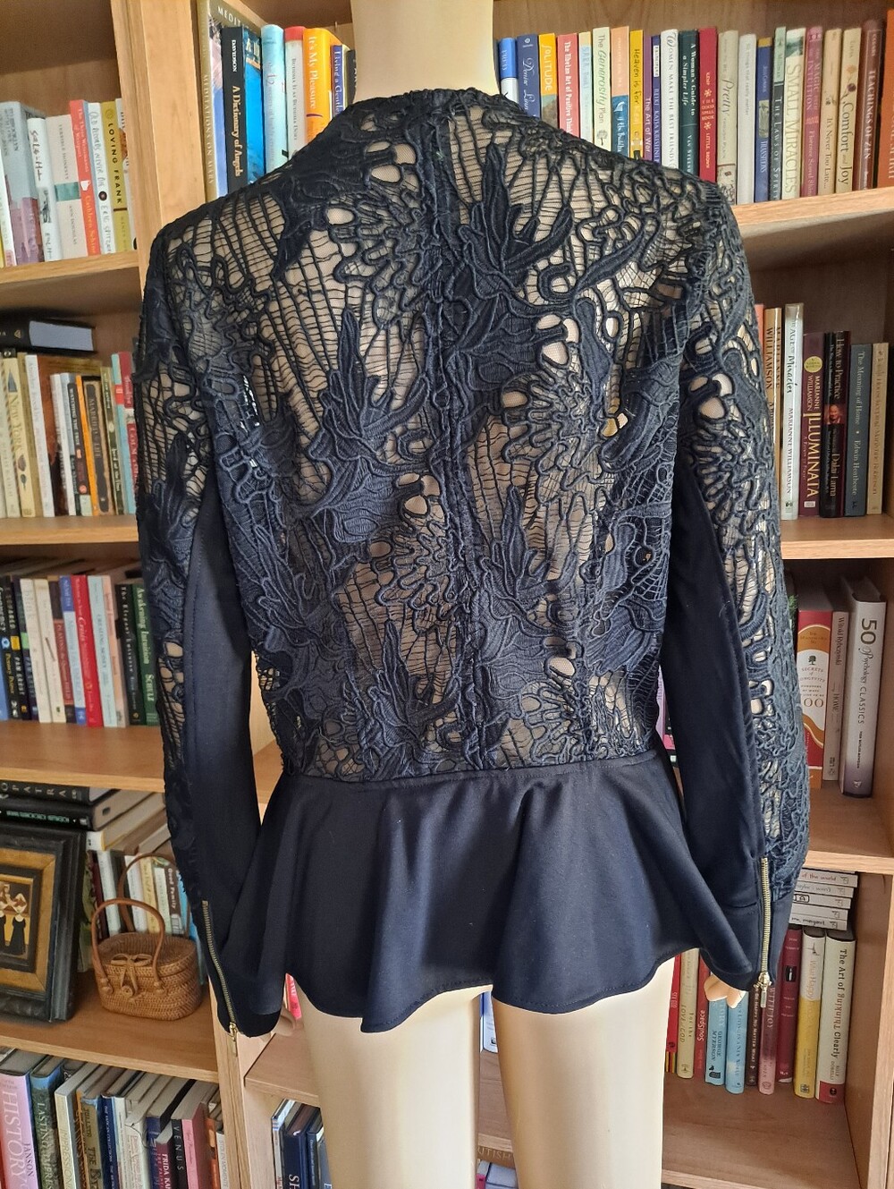 XOXO Elegant Black Lace-Sleeve Zip-Front Jacket - Picture 9 of 11